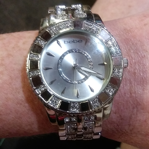 bebe Accessories - Bebe Rhinestone & Stainless Steel Sparkly Watch For Small Wrist W/Extra Links